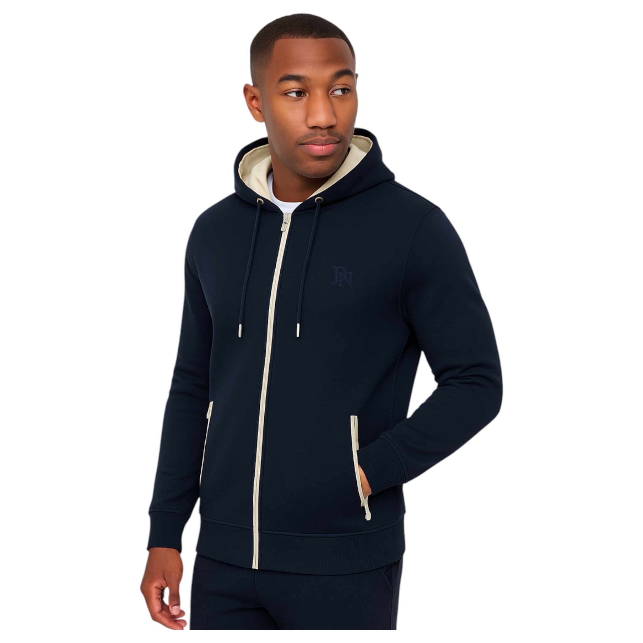 Men's JDN full zip hoodie in navy blue blue with drawstring hood and side zip pockets
